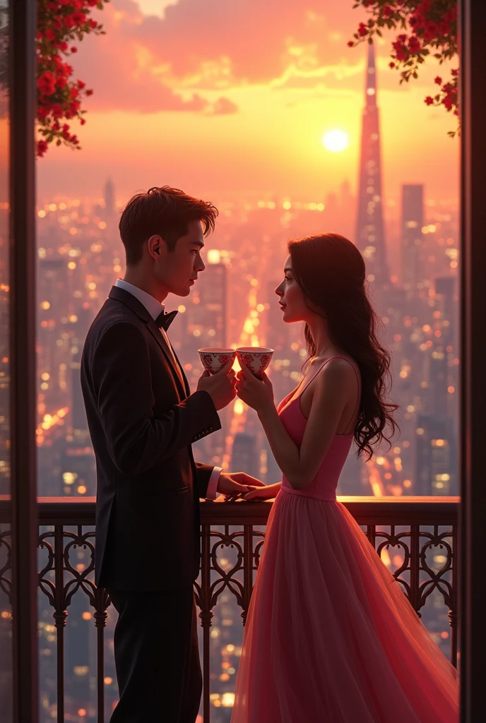 A romantic rooftop encounter unfolds at twilight, as a young woman, her countenance radiant with a gentle smile, lost in thought, stands behind the counter of a quaint, bohemian rooftop cafe. The soft breeze gently caresses her simple yet elegant cafe server dress, creating an ethereal aura. The city lights twinkle below, casting a warm, inviting glow on the intimate space. As the lone male customer enters the cafe, their eyes meet across the room, igniting a spark that seems to defy the passage of time, as if destiny had orchestrated their serendipitous encounter.