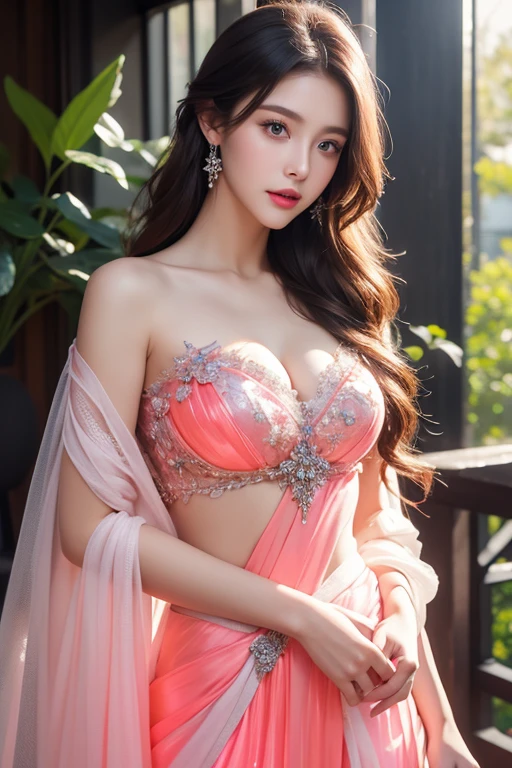 High-quality work，Realistic works，Super premium graphics，8K HD CG works，high quality graphics，High-definition and exquisite CG works，10x pixels，Ultra-fine details：1.1，Advanced technical details：1.1Realistic photo effects，Interior lighting effects：1.5，natural soft light：1.5. Light effect（Virtual light effects：1.8），ultra high resolution，shining dress，sliver long hair，silber hair，transparenthair，high detailed hair（Quality hair details：1.1）Clear eyes，Double eyelids look good，Sharp eye makeup, Create exquisite eyelash makeup, tthin eyebrows, Ultra-detailed eyes，a tall nose, lovely red lips, rosey cheeks, With delicate makeup on her face , pretty face, The face shape is perfectly proportioned,（Advanced facial details：1.1）8K, UHD, Masterpiece, extreme quality, 1 girl, good face, detailed eyes, very long hair, detailed lips, small breasts, detailed empress fantasy dress, magenta fantasy dress, ((glowing dress:1.5)), lace, (bare waist:1.5), flowing sardine, beautiful fantasy, fantasy empress, beautiful alluring Realistic art, shining skin, in the balcony, Realistic shadow, depth of field, ray tracing, god rays, bloom, bokeh effect, , Women's artwork，Dress full body video，Realism，Amazing Cleavage，My eyes are very bright today

