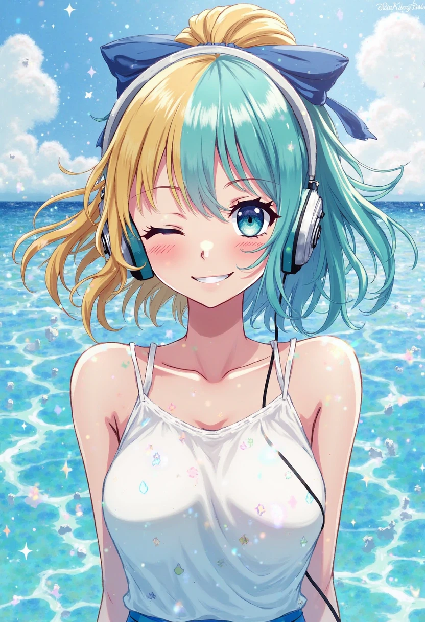 A woman with long cyan-blue hair is walking on the beach, looking back and reaching out for you to join her. She's dressed in a tropical-colored swimsuit cover-up and bikini, sporting red lipstick and a slight blush, she is wearing headphones. She has green eyes, shining with Life. The weather and lighting are serene, with a clear sky and small clouds above