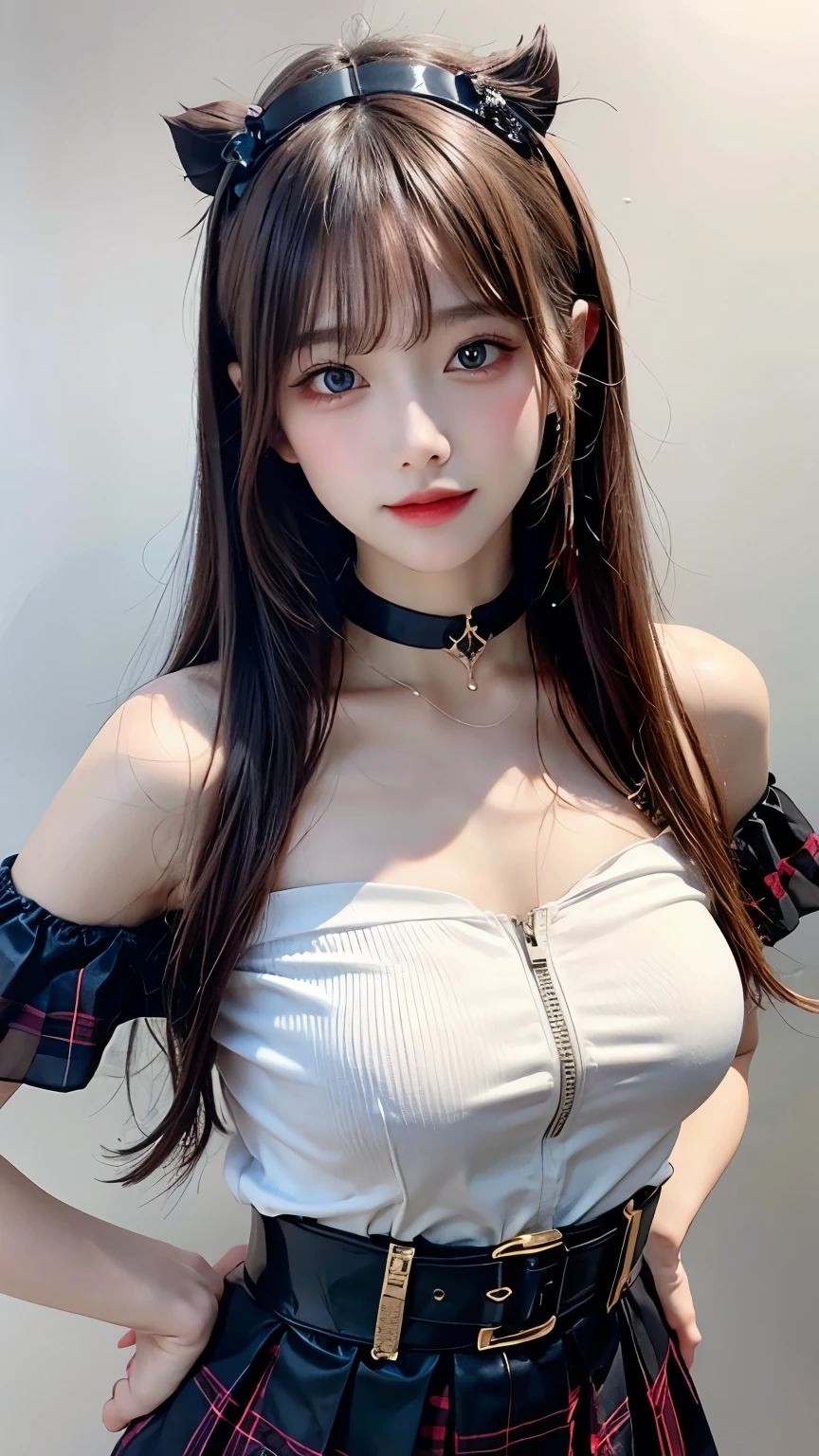 top-quality、超A high resolution、(Photorealsitic:1.4)、1 girl、Off-shoulder white shirt、Black tight skirt、Black choker、(faded ash gray hair:1)、(huge-breasted:1.2)、looking at viewert、a closeup、mideum breasts、White bra、cleavage of the breast、A sexy