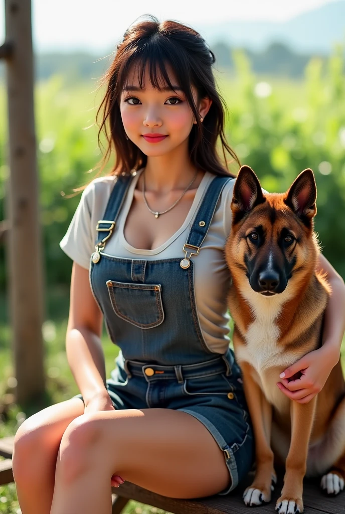 highest quality,best image,Japanese,big breasts,long black hair,beautiful girl,Tank top,jeans,Frolic with the dog