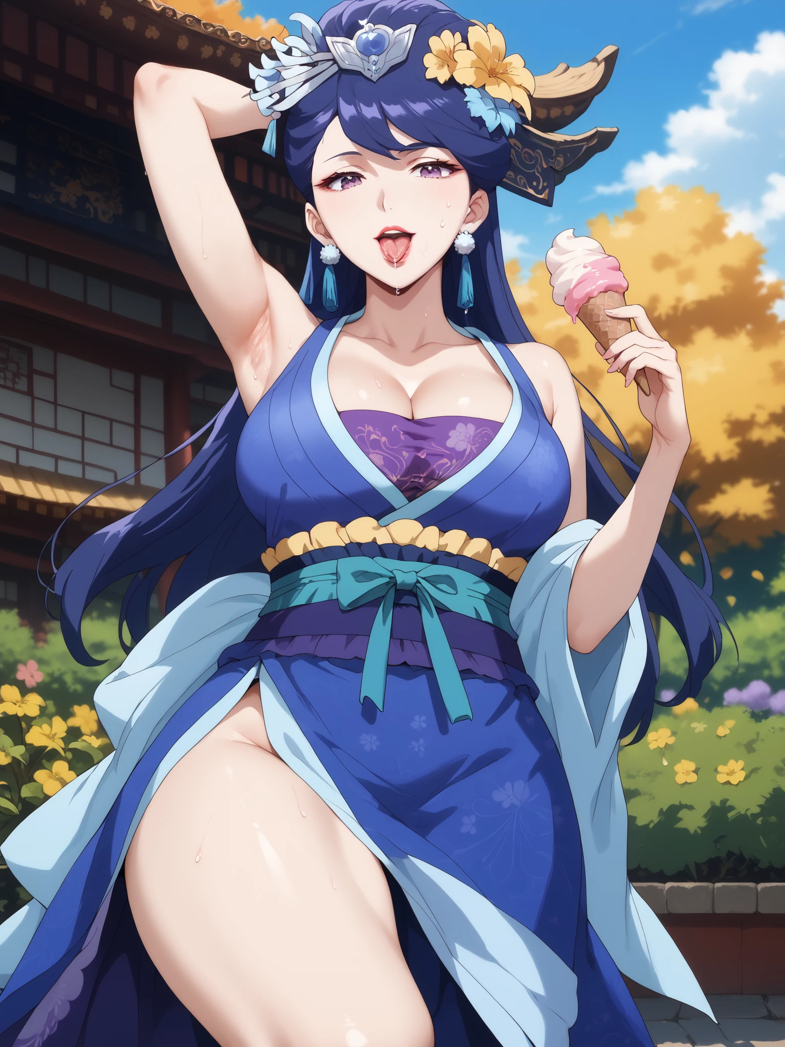 (best quality, masterpiece),Pear Blossom,Every Single Person at the Drugstore,armpits,sleeveless,long hair, purple eyes, purple hair, flower, earrings, hair flower, lipstick,Chest, jewelry, Chinese clothing, Hanfu,Outdoors,garden,smile,indoor, big breasts, curvy hips, lifting her one leg アップ, from below, dynamic angle, and open your mouth, in Kura, Saliva coming out of the tongue, lick your finger, coloring, on the bed, bedroom, , intoxicated, sweat watching viewers,eat ice cream,