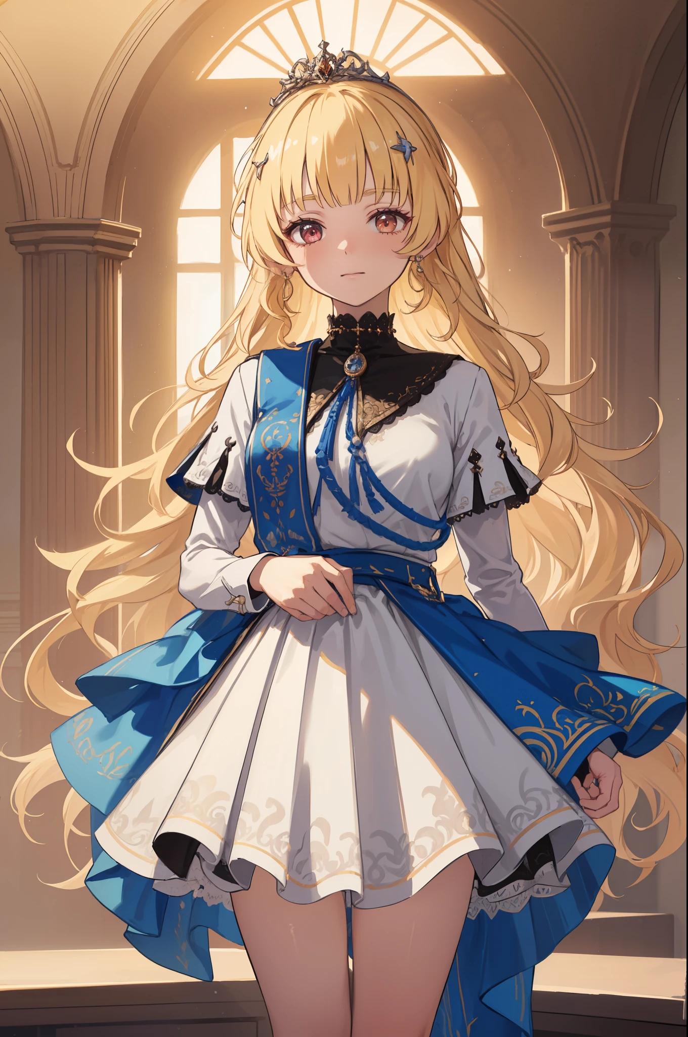 age Girl, charming,gorgeous,In Love ,sacred,( Yellow and White Princess Skirt :1.3),blond,klee, red eyes, Minimalism , Multi-layer exquisite ruffles ,Lots of Lace,( Lines on clothes :1.2),( Exquisite clothing :1.1),(Multi-layer Skirt ),Princess Crown, Perspective tulle garment , Beautiful detailed face , Bedroom scene in Western mythology, movie lights ,night,Single, Metallic Decoration ,lace,(shine:1.2), ( Best Quality ), (masterpiece:1.2)