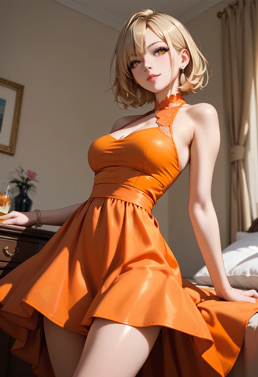 Cute, sexy, robot girl, white background, her hair cut in the front and tied with two ties in the back, wearing an orange dress combined with a skirt, and under the dress a yellow shirt, brown hair, robot