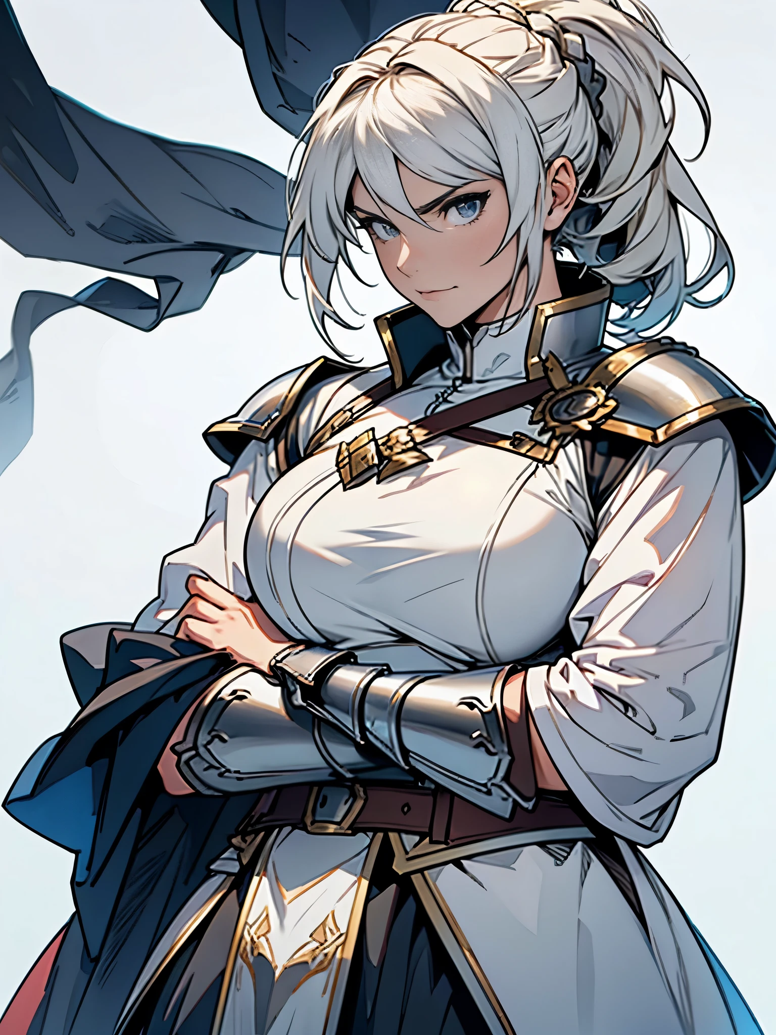(Female Knight), (White Background), Ponytail Hairstyle, Armor Wearing, Metal Armor, Detailed Appearance, Taunt, Sword, Sleeveless, Arms Crossed