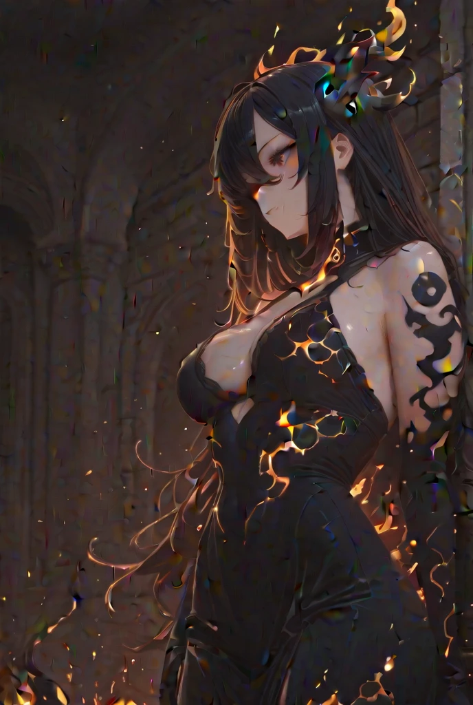1 girl, demon girl, solo, black hair, short straight hair, gloves, bun updo, beautiful girl, side bangs, long horns, ultra detailed red and black eyes, slit_pupils, very large breasts, gothic dress,ultra detailed sleeveless gothic dress, light gothic dress, skirtless gothic dress, gothic cathedral, glowing flames surrounding the girl, inner room of a cathedral, fire in background, flames from eyes, dim lighting, warm colours, hat with veil, beautiful pose, serious expression