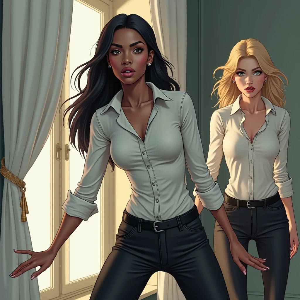 one person, sexy female blond character, green eyes, pink long-sleeve T-shirt, black leggings, playing on computer