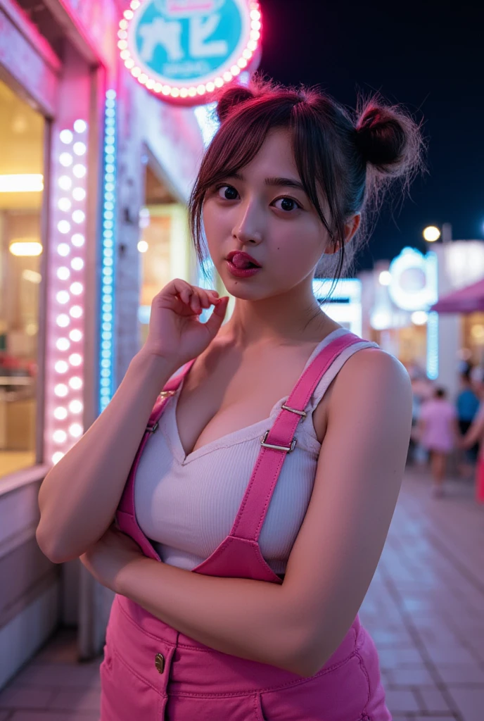 1 girl,  Beautiful K-Pop idol、realistic, naughty face, rolling_eye, closer eye, Ahegao, open your mouth, stick out tongue, detailed eye、upper body close-up、big breasts、big breasts、delusional chest、areola slip、Fluorescent club fashion、full body photo、dog pose、selfie、selfie、radio city、night club、neon light