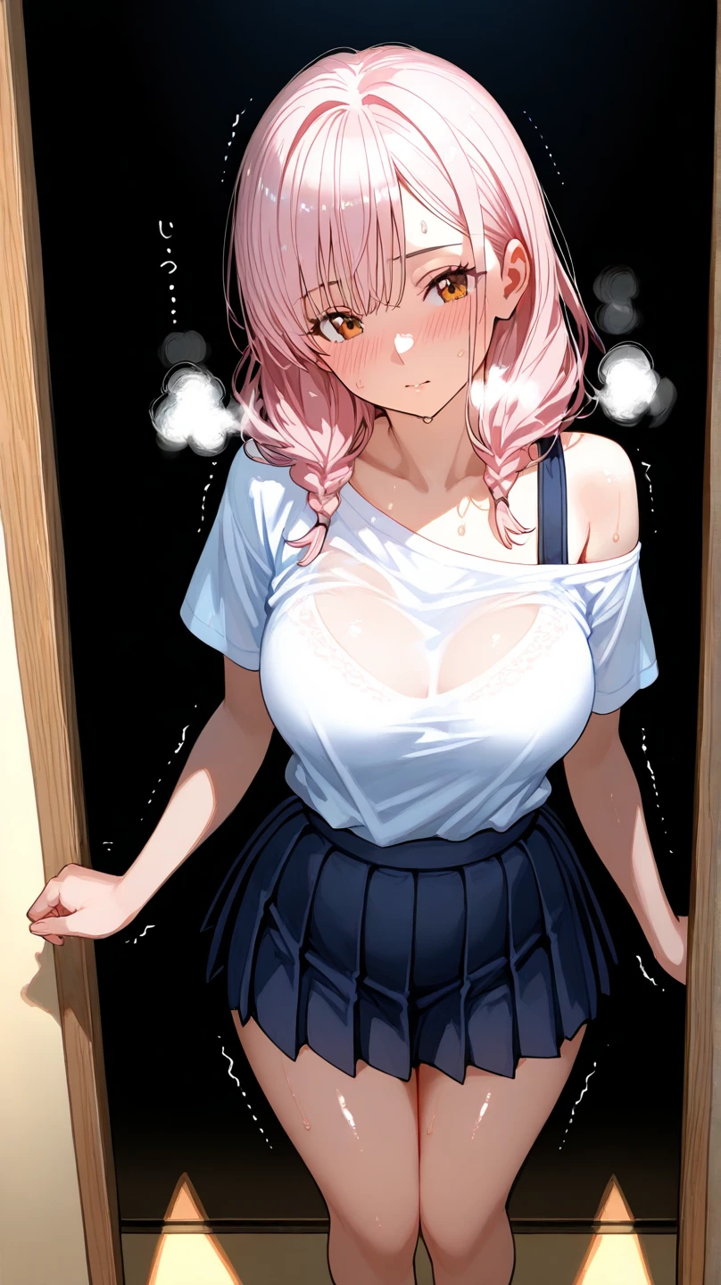One Girl, Yuigahama Yui, , short hair, Pink Hair, Hair Bun, (Large Breasts),
(Highest quality, High resolution, 4K, Detailed lighting, Shaders),
Chained,
Are crying, Raise the hand,
Concrete Background, Lie in,
, Open shirt, Upper Body,