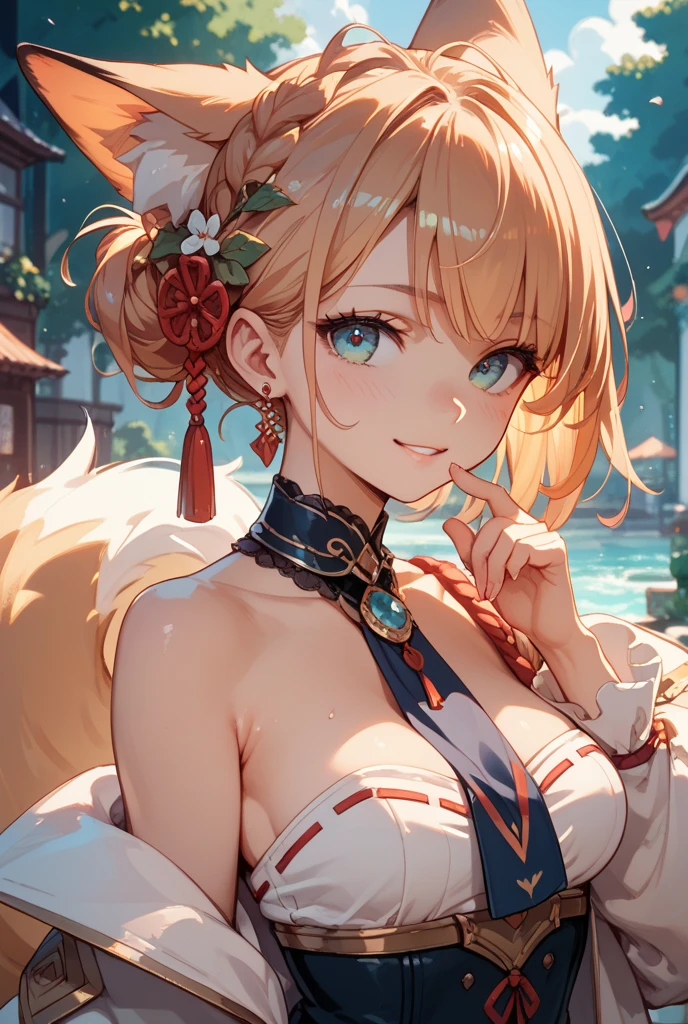 "the Extremely Detailed CG Unity 8K Wallpapers，tmasterpiece，Best Picture Quality，Super fine，，【😊Colorful forest，depth of fields，Numerous splashing droplets:1.2，petals，Toys surround，ventania，foliage，grassy fields，volumettic light】Close-up shot，cleavage，Girl with thick fat chunky physique，Be red in the face，ssmile，sportrait，Side Body，Turn Back，Half of your body is in the water，