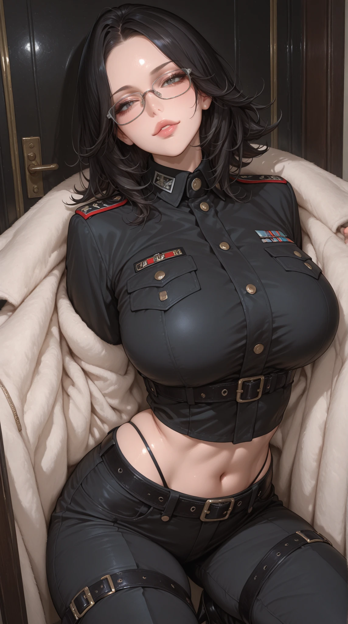 A stunning european thin soldier wearing her black noble victorian uniform, office, photo, realism, realist. sensual, sweat, small breasts exposed, nipples exposed, chest exposed, standing, boots, lascivious, looking at camera, night, jacket opened, black opened trouser, opened pants, throat exposed, erotic, unbuttoned, ponytail, navel, cocky mocking smile, Frowned eyebrows, belly exposed, crotch slightly exposed, next exposed, belly exposed, mocking, badass