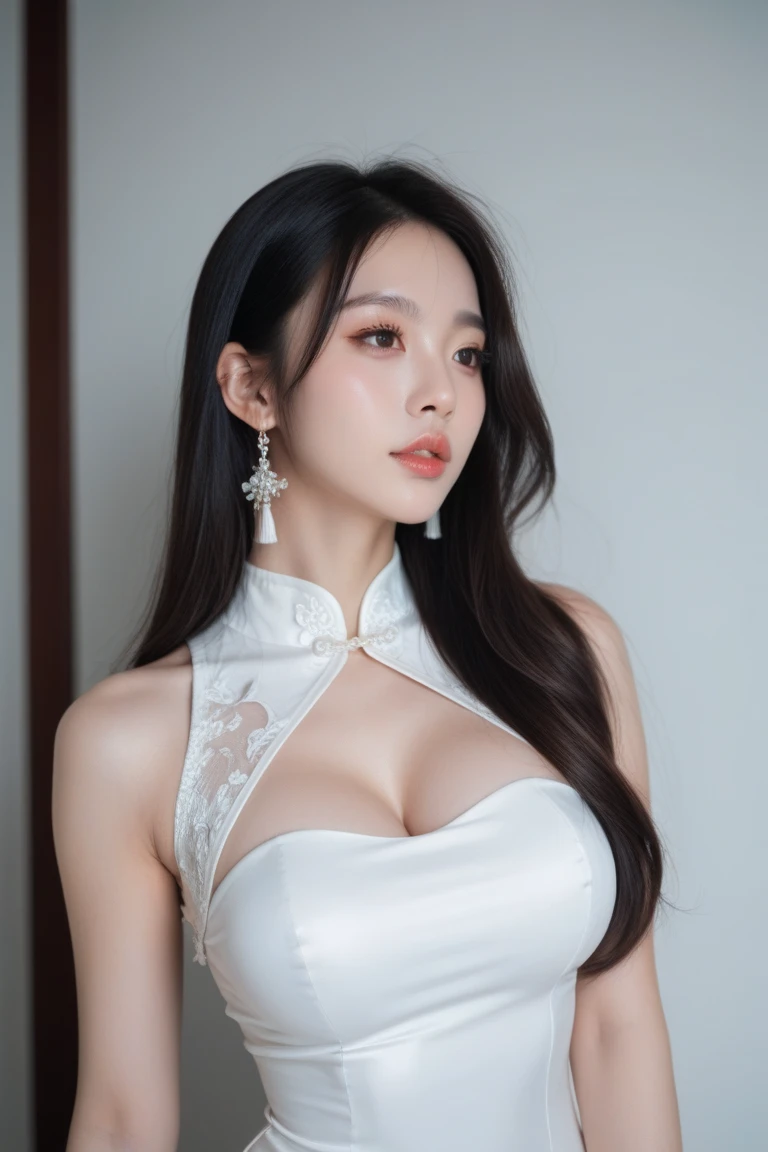 professional portrait of Ayu Putri, a 22-year-old Indonesian woman with a unique blend of Japanese and Indonesian features. Her face is characterized by a smooth, fair complexion, often described as the dream skin of many Asian girls. Ayu's flawless, porcelain skin has a radiant glow, capturing the essence of Japanese beauty standards. Her almond-shaped eyes are slightly upturned and framed by long, thick eyelashes, accentuating her expressive gaze. She has naturally arched eyebrows, a delicate, slightly pointed nose, and full, rosy lips that form a warm, inviting smile. Her silky black hair is straight and neatly styled to perfectly frame her face.