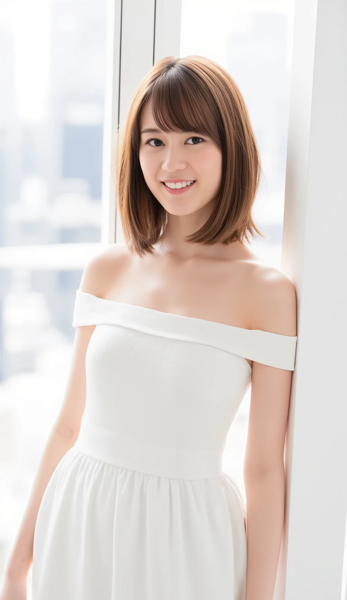 In this high-resolution photo、and bangs _Erica. she's a young Japanese woman named Ikuta with brown hair that reaches her shoulders、 wears an off-the-shoulder dress、She has white skin like snow . She is looking straight into the camera、 with a joyful expression. The background is blurry, It looks like a window with white draped curtains. the lighting is soft and natural , emphasizes female characteristics. The overall atmosphere of the image is calm and quiet. the whole image is bright and soft .