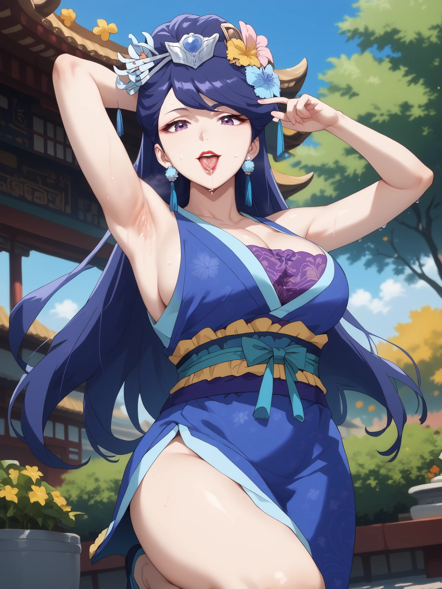(best quality, masterpiece),Pear Blossom,Every Single Person at the Drugstore,armpits,sleeveless,long hair, purple eyes, purple hair, flower, earrings, hair flower, lipstick,Chest, jewelry, Chinese clothing, Hanfu,Outdoors,garden,smile,indoor, big breasts, curvy hips, lifting her one leg アップ, from below, dynamic angle, and open your mouth, in Kura, Saliva coming out of the tongue, lick your finger, coloring, on the bed, bedroom, , intoxicated, sweat watching viewers,eat ice cream,