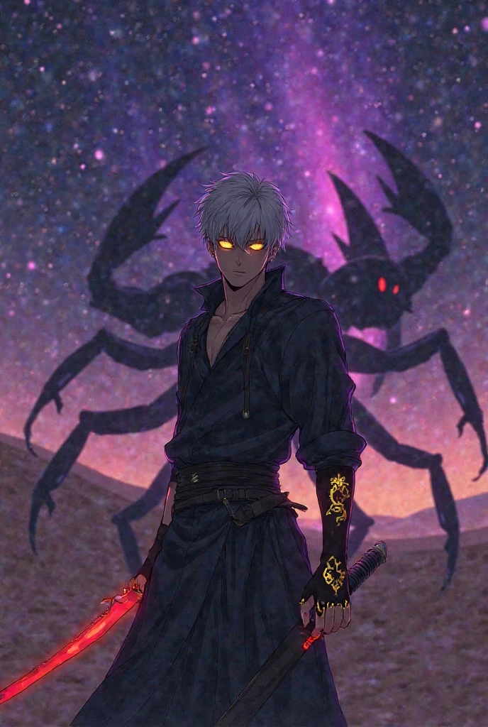 "in a foreign desert , the sky is dark purple and the aurora hangs above. man with short white hair,  dressed in black, golden glowing eyes, and a glowing Scorpio tattoo on his hand, use a scorpion sword to kill the shadow creature with snake eyes: Versi anime."