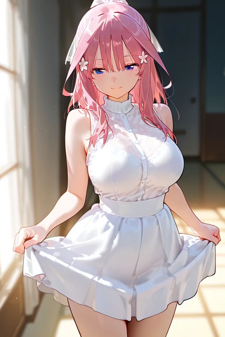 (best quality, 4K, 8K, high resolution, masterpiece:1.2), Super detailed, (actual, photoactual, photo-actual:1.37), (Beautiful and delicate eyes, Beautiful and delicate lips, Extremely detailed eyes and face:1.5), (ambient lighting:1.5), Physically based rendering, bright colors, (big , Super big , super extra big tits:1.5), (grey, Sleeveless turtleneck sweater:1.5), (natural smile:1.5), (Pink hair color, hair blowing in the wind, shiny hair, shiny skin), (garden, blurred background:1.37), (tilt your head to one side:1.5),