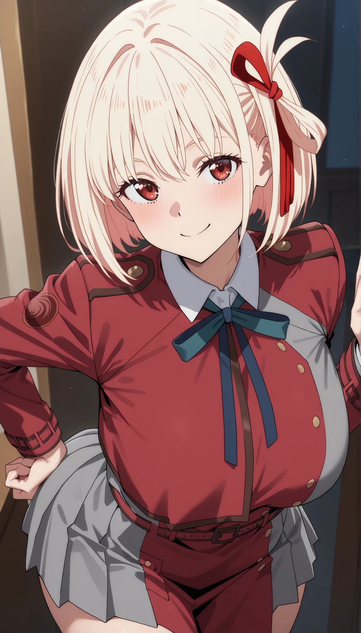 score_9, score_8_up, score_7_up,(masterpiece),(best quality),( very well detailed ),8k,(1 woman),( voluminous ),Chisato Nishikigi, short hair, bangs, blonde hair, red eyes, hair ribbon, one side up, bob cut,big breasts,nsfw,shirt, long sleeves, dress, ribbon, white shirt, collared shirt, belt, neck ribbon, red dress, blue ribbon, pleated dress, grey dress, two-tone dress, red belt, lycoris uniform,Bewitching Poses, Smile,nsfw,big butt