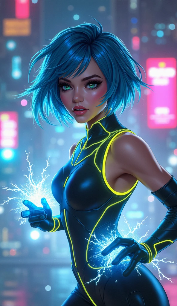 Filipino, Asian, Blue-Yellow short hair female with electricity suit naked