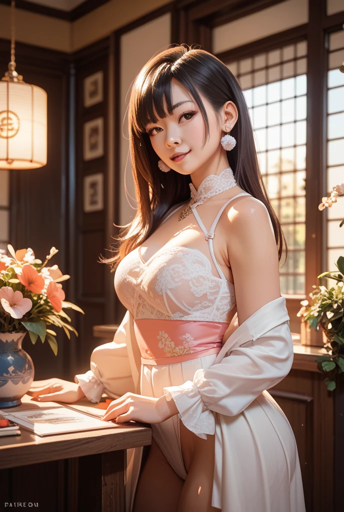 (masterpiece, best quality:1.2),Reality, high resolution, Soft Light,1 Woman, Solitary, Hip lift, View Viewer, (Delicate face), Smile,beautiful girl, Hanfu, east asian architecture,scabbard,architecture, Black over-the-knee stockings, Large Breasts,open chest,Show your shoulders,short hair,bob cut,(pigtail,Braids on both sides of the face), Upper Body, Jewelry, Extra long ribbon, legs open,sit