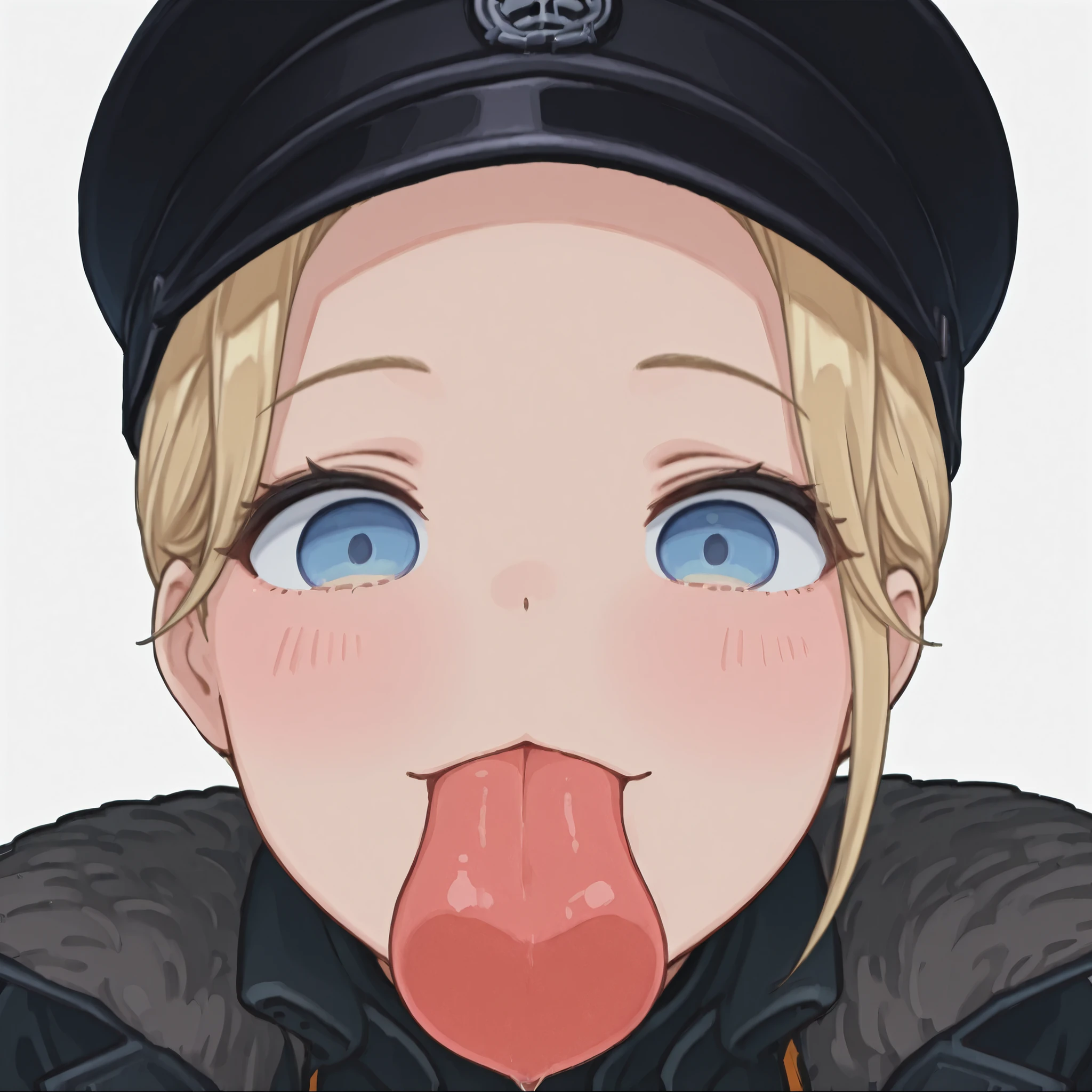 (masterpiece, high quality, amazing detail), highres, 1girl, ((testgirl)), black cap , light-blue eye, solo, blush_sticker, licking screen,(bare forehead), ((shaved temples)) 1girl, solo,blond, looking at viewer, simple background, white background, tongue, tongue out, chibi, :3,