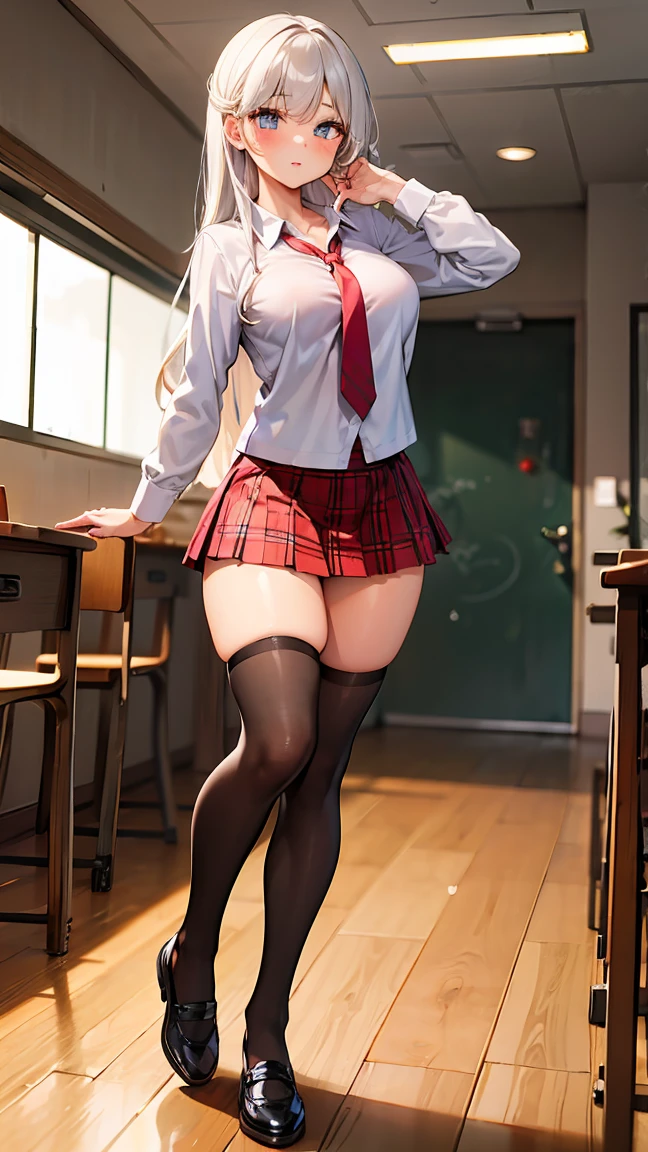 (((masterpiece, Highest quality, High resolution, 超High resolution, Perfect Pixel, Depth of written boundary, 4K, RTTX 10.0))), Beautiful Anime Woman, Beautiful art style, Anime characters, ((Smooth texture, Realistic texture, Anime CG Style)), Exact finger count、Exact number of legs、(Exact number of arms:1.0, Exact number of hands:1.0), (Perfect hands, Perfect Anatomy), Cinematic, Realistic, Extremely detailed CG, Daytime lighting, Perfect lighting, Best Shadow, The best natural light, whole body, Perfect body, Slender body, ((bangs, Dark reddish brown hair, fashionable and cute hairstyle), Long Hair, Glasses), (Detailed face, Cute Face), (A grown woman standing with her own hand lifting up her skirt:1.7), (Female Teacher Suit, Red vest, Black mini tight skirt, Black knee socks, pumps:1.3)、Angle from the front, ((セクシーでかわいいWhite panties:1.3), (Glossy satin panties, Side-tie panties, 黒レースWhite panties:1.3), (White panties, garter belt:1.3)), (Beautiful big boobs), (Beautiful and thin thighs:1.3), Feeling embarrassed, (blush:1.2), (Very embarrassed look:1.5), (School classroom, Desk and chair, Teaching Excellence, Many male students in the background, The male students are chatting.:1.4), sbrooch, jewelry, ascot, red vest