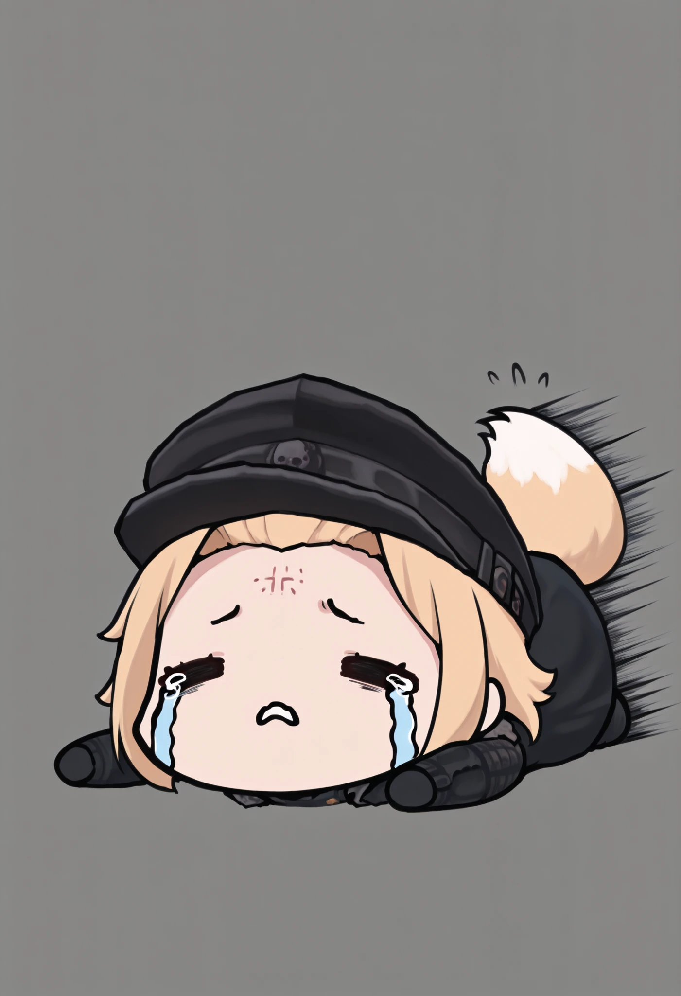 masterpiece, best quality, 1girl, solo, ((testgirl)), animal ears, fox tail, black cap, black clothes, blond, chibi, dot eyes, ((lying, kicking the ground, hitting the ground with his hands, crying)), simple gray background, white background, (bare forehead), ((shaved temples:1.3))