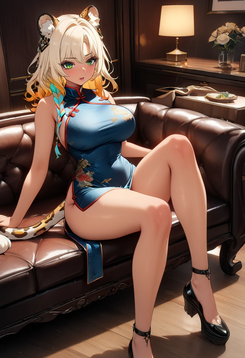 (masterpiece, best quality, detailed), 1girl, solo, looking at viewer, EPsmSailorMoon, blonde hair, blue eyes, long hair, very long hair, twintails, hair bun, double bun, crescent earrings, earrings, jewelry, 
china dress, pelvic curtain, side slit, double bun, bun cover, cleavage cutout, sleeveless, print dress, covered navel, no panties, indoors, couch, pillow, window, curtains, potted plant, lying, on side, head rest, smile, parted lips