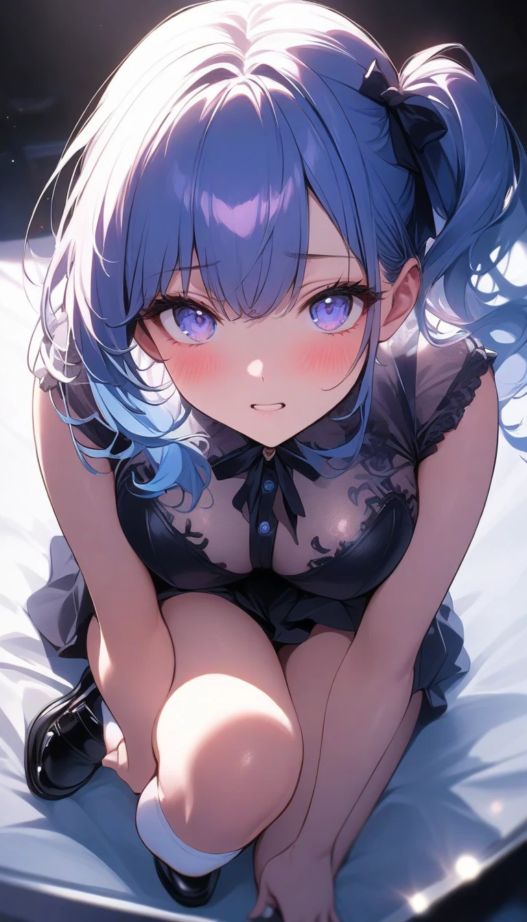 ayaka, long blue hair, beautiful face,smiling,close up to hips, moderate breast, laying on bed, wearing black lingerie, (open mouth:0.4),illustration,detailed textures(realists),ultra-detailed,portrait style,vivid colors,soft lighting, blushing, mature, no bras, hair fluttering,