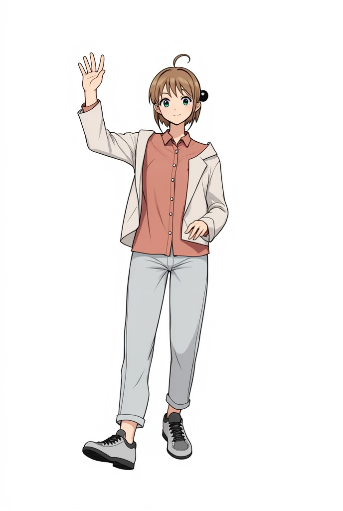 pretty girl, Beautiful hair, casual, Minimalist clothes, slim body, cute ,Cute bangs,, loose-fitting clothing, anime manga, Female,blouse, High Quality, jacket, winter colors , Simple , winter outfit, astetic , smile, 5 fingers, elegant casual ,High resolution, The Detail, , chic vibes clothes, sneakers