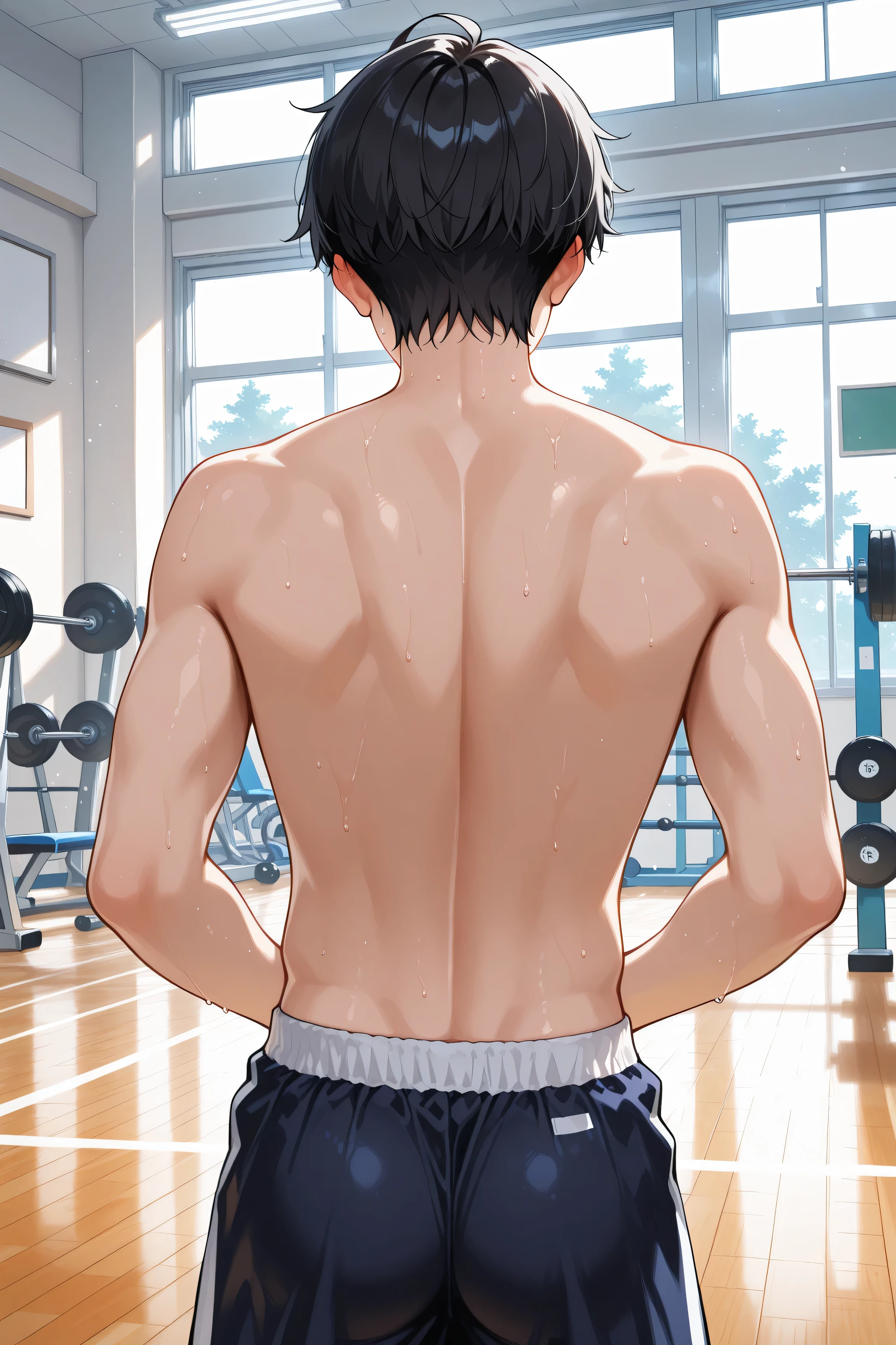 high quality, topless, school boys, gym, black hair,
