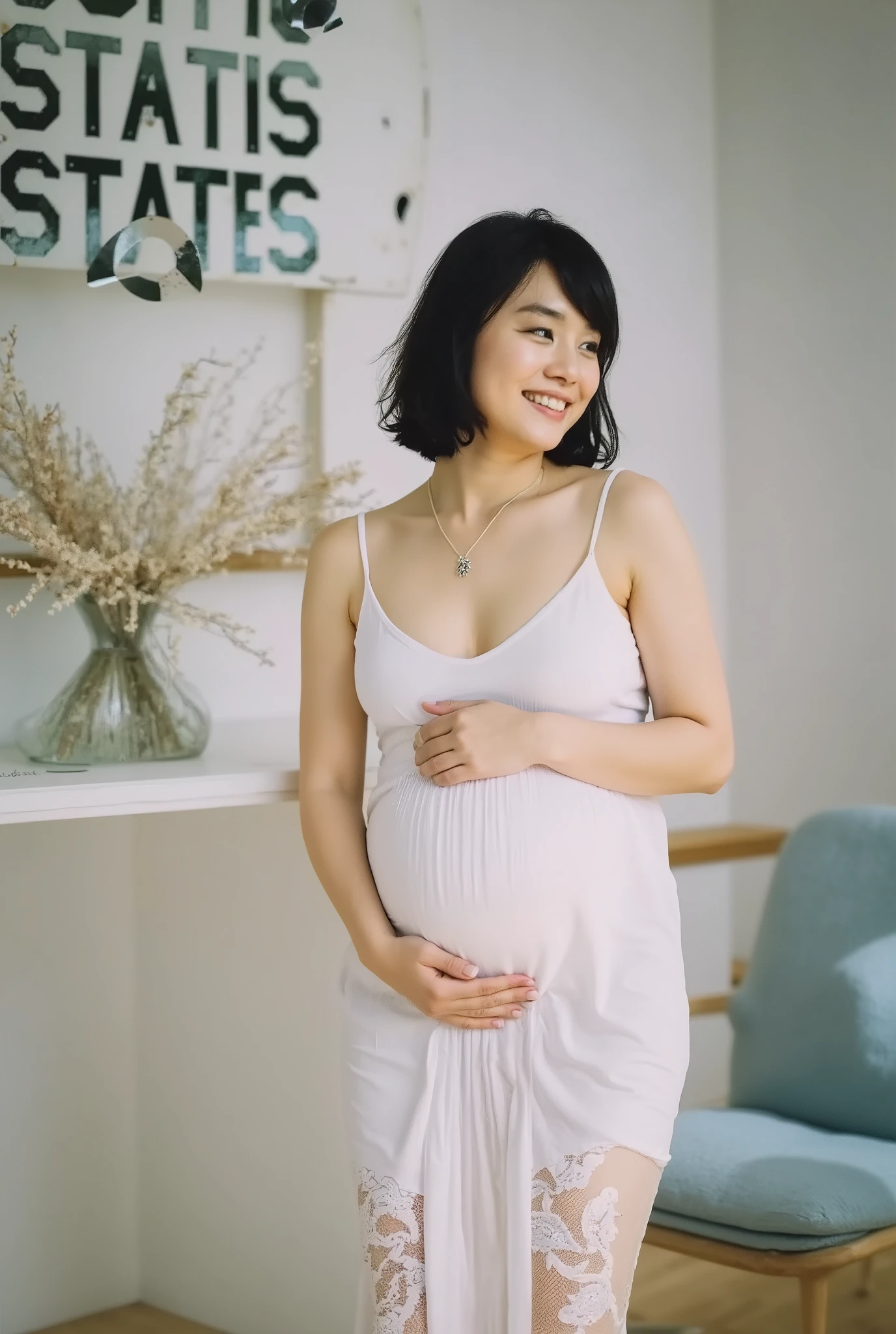 (( lace nightgown )) , look up above my collarbone 、 with her throat raised and a cute smile 、age girl、((Pregnant Woman's Stomach )) 、 choker、garter