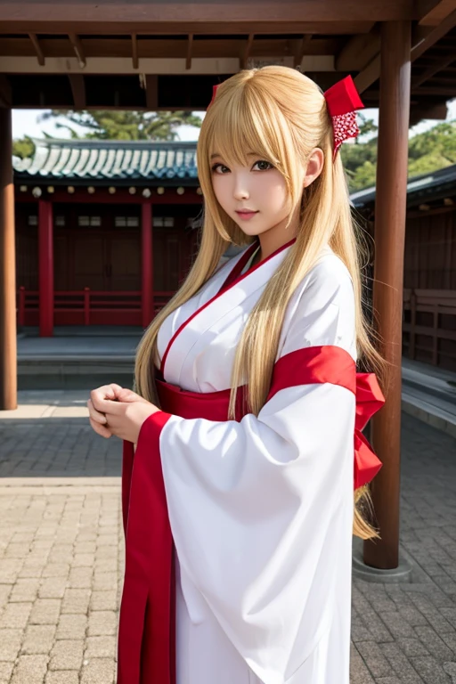 (masterpiece:1.2), (best quality:1.2), cowboy shot, 1girl, medium breasts, fit and petite body, blonde hair, long hair, red kimono BREAK white thighhighs, looking away, joyful expression, walking, cherry blossoms, 
<lora:ASTemple:0.4>, AStemple, east asian architecture, temple,