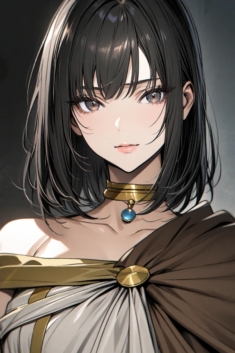 1girl, 25 years old, blindfold, blindfold covering eyes, white blindfold, black hair color, short hair, messy hair, short bangs, Royal outfit, golden wreath crown, signet ring, young girl, ancient, white female, ancient royal clothing, roman background, (best quality),(detailed), toga, toga clothing, facing the camera, perfect body proportions, posing for portrait, royal portrait, ancient royal portrait, tomboy royal girl, semi-visible scar on face
