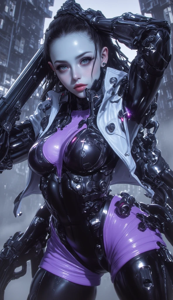 a close up of a person with a pink suit and a gun, styled like ghost in the shell, ghost in the shell geisha robot, ghost in the shell art style, cyberpunk anime art, anime cyberpunk art, cyberpunk cyborg. roses, cyberpunk art, modern cyberpunk anime, cyberpunk art style, japanese cyborg, ghost in the shell style, digital cyberpunk - anime art
