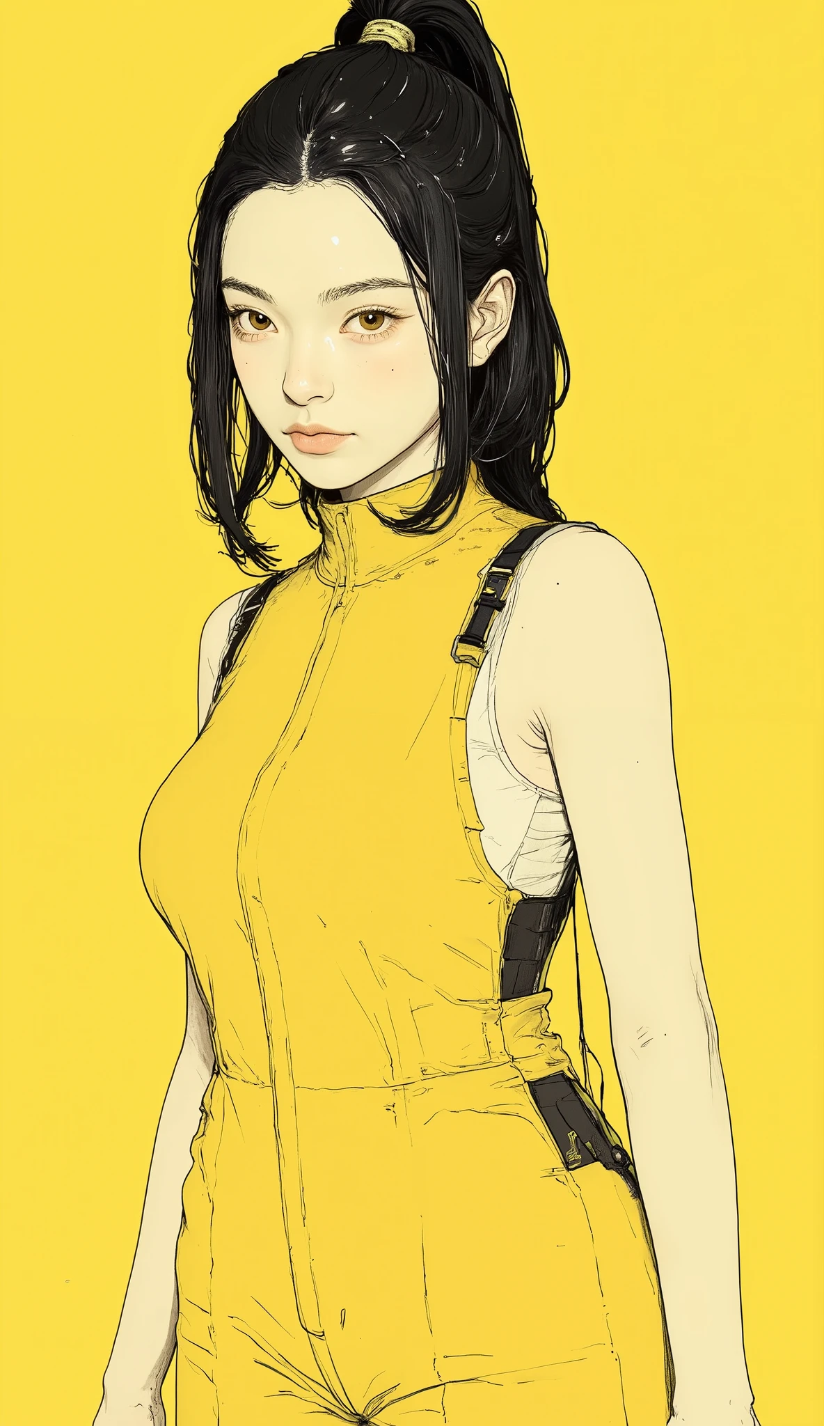 larger view of a woman changing clothes、black hair、ponytail、woman is wearing a yellow suit on a yellow background, 黄色のSpace Suit, White Style Authentic Style, Space Suitの上半身部分を未着用の状態, white sleeveless inner shirt、Faye Valentine's , in Space Suit, with a space suit on,  anime portrait of an alien female student , Very detailed and elaborate fan art, wears a Space Suit, Space Suit, Okada Keiyama 