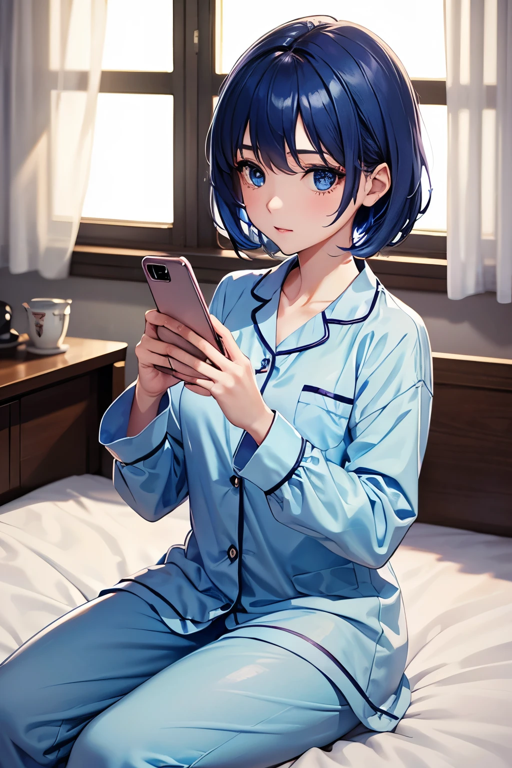 masterpiece, best quality, (A woman with a beautiful attention to detail)1 lady, pajamas, blue hair, medium hair, blue eyes, bet, Smartphone, room