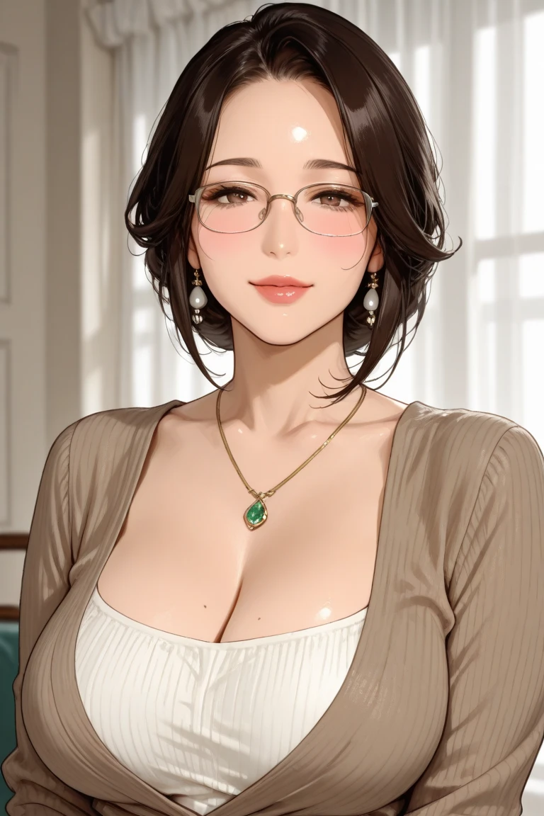 (large breasts:1.55),(shiny,hair),((solo)),((masterpiece)),((best quality)),perfect anatomy,slim waist,perfect image,8k UHD,(beautiful detailed eyes:1.5),extremely detailed face,standing,(upper body:1.25),(look at the front:1.5),arms behindback,ultra-detailed,absurdres,highres,(dark brown hair),glasses,long hair,sleeveless ribbed sweater,(gorgeous indoor room),skirt,(sensitive smile:1.2),(seductive smile),shiny skin,lips.erotic lips,