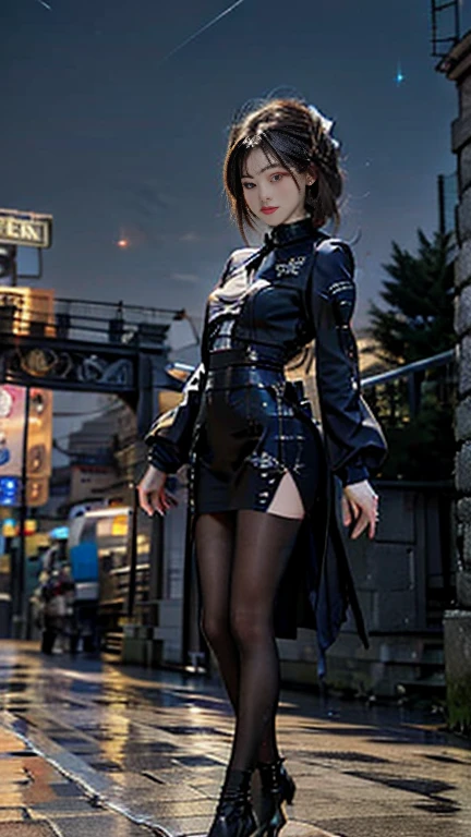 (Biologically correct limb count:2.), (From head to toe:1.2), Full-body photo including face, 4K, (Standing position), masterpiece, (Focus on the face:1.2), (Symmetrical facial features:1.5), Eyes with detailed description, Beautiful woman, Great style, Beautiful arms, Beautiful legs, Beautiful Hands, (Small Ass,Thin thighs), Facial detailing, Small earrings, necklace, (Rubber Y-shirt, mini skirt, (High heels:1.5, (Patterned stockings:1.3), (Meet at the station), (Black Hair:1.5), Realistic photo, 25-year-old woman
