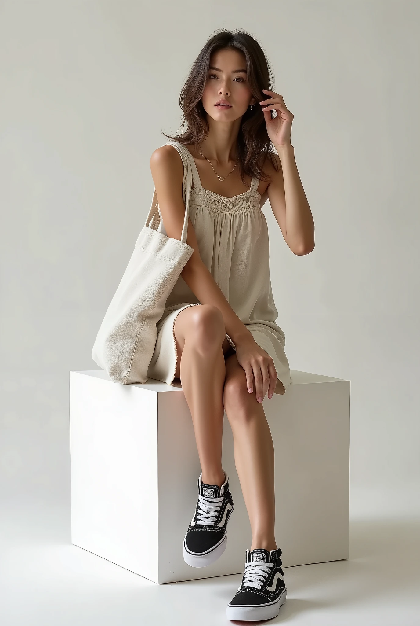 a beautiful thin Italian woman sitting on a low white block, wearing dress and (((Vans® sneakers))), holding one holding a white cloth bag, holding a raw cloth bag, square bag, Sustainable Materials , flat bag, holding an ecological bag, realistic photo, advertising photo, advertisement image, high contrast colors, color photo,photo by Lewis Baltz