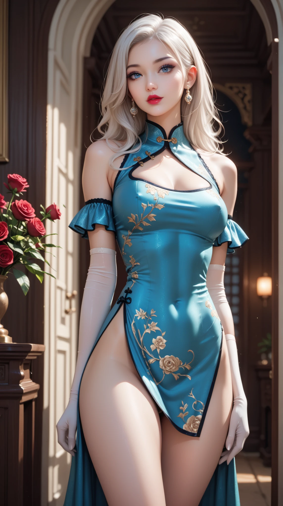 ((((masterpiece, Best Quality, High resolution)))), extremely detailed 8K, sexy Beautiful Japanese girl with slim body, (Ultra HD, Ultra-detailed, Highly detailed, Highly realistic, Ultra-realistic, photos realistic), (1girl:1.5), blonde hair, short bob cut like, (dynamic poses), facing at camera, light smile, (huge breasts: 1.2), (beautiful detailed face, Beautiful detailed eyes), Anatomically accurate hands structure, Anatomically accurate fingers structure,(bright blue long sexy Glossy silk see-through European court nobility long dress attire, white unicorn embroidery:1.5), (front button of European court nobility attire not fastened and breasts part widely open:1.5), Glow, Sweat, (rays of sunshine, Sunlight from the front),(topless), sexy long legs, nakeness, bared chest, Sexy, Blushing, look up to the sky, (widely spacious royal palace flower garden:1.2), ultra realistic wide landscape, photogenic scenery, spot light on face