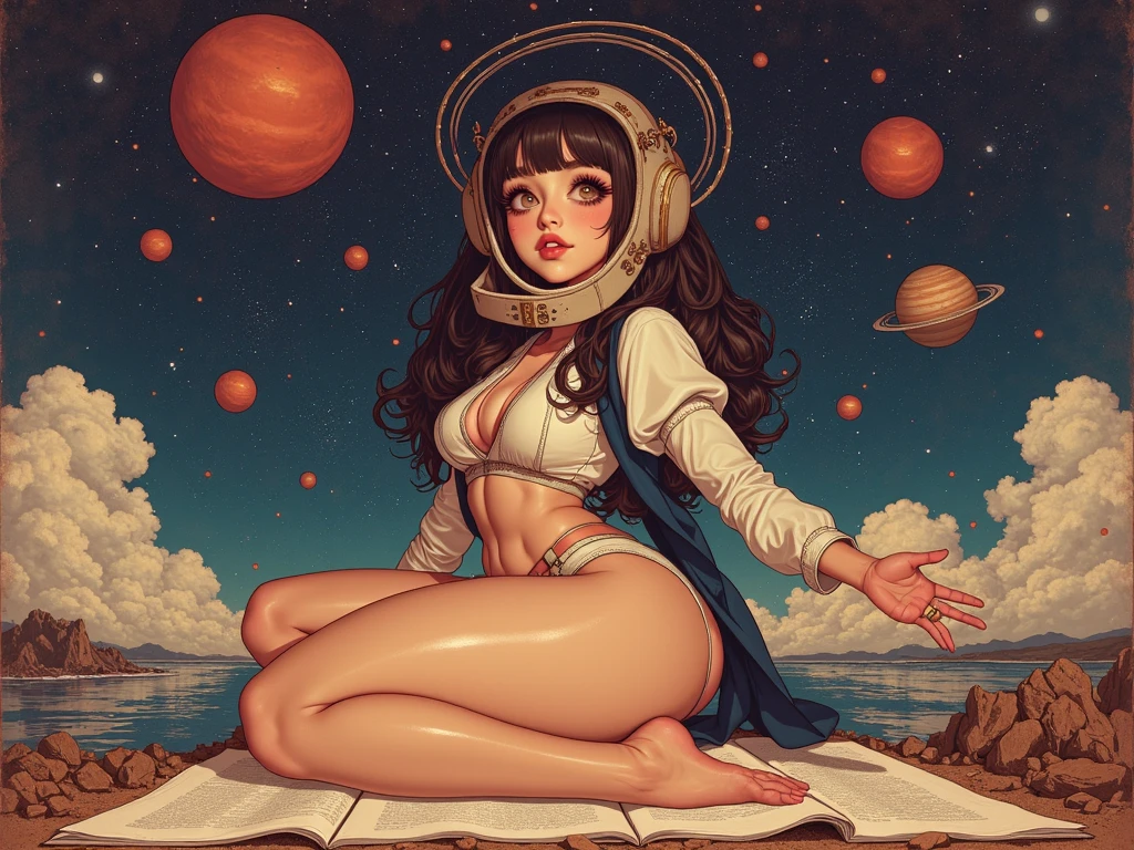 famous magazine、geographic magazine、A Goddess Bigger Than a Small Earth、Neat、Pure white long dress、Hold the Earth in your hand and bring it close to your mouth、to kiss、universe space、Sexy pose、Small breasts、Realistic、Magazine Cover、anime、リアルanimeスタイル、short hair、Black Hair、Cute woman、Beauty、model、Portrait、Steamy、steam、Japanese、Milky Way、nebula、Mars、Saturn、moon、Spectacular atmosphere、animeキャラクターのポスター