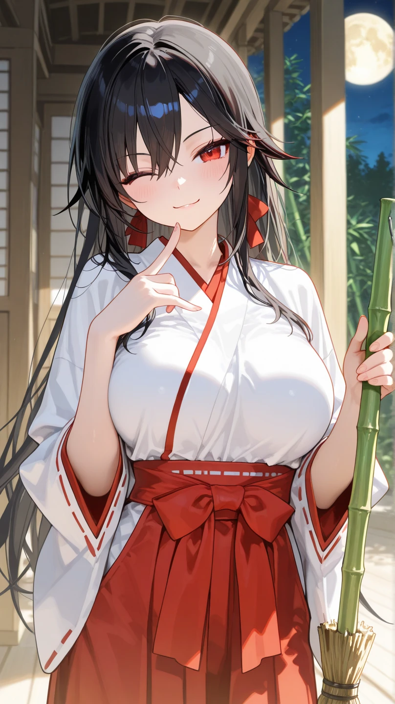 1girl, solo, japanese clothes, sash, kimono, bangs, looking at viewer, obi, gradient,???????, ?????????????, yunyun, black hair, hair ornament, red eyes,hair bow,red bow, crown braid