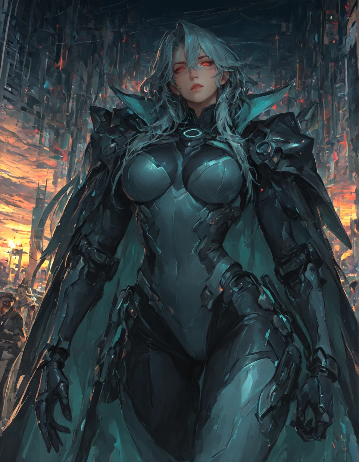 (best quality,realistic:1.37), solo female, full-body, standing in midle, distant angle, long silver hair, light green eyes, mad expression, perfect face, dark bodysuit armor, (dragon armor detailed in black and red color) sci-fi style, vibrant colors, futuristic lighting, detailed hair strands, metallic texture, sleek design, imponent pose, view from below, futuristic blury city background, night sky.