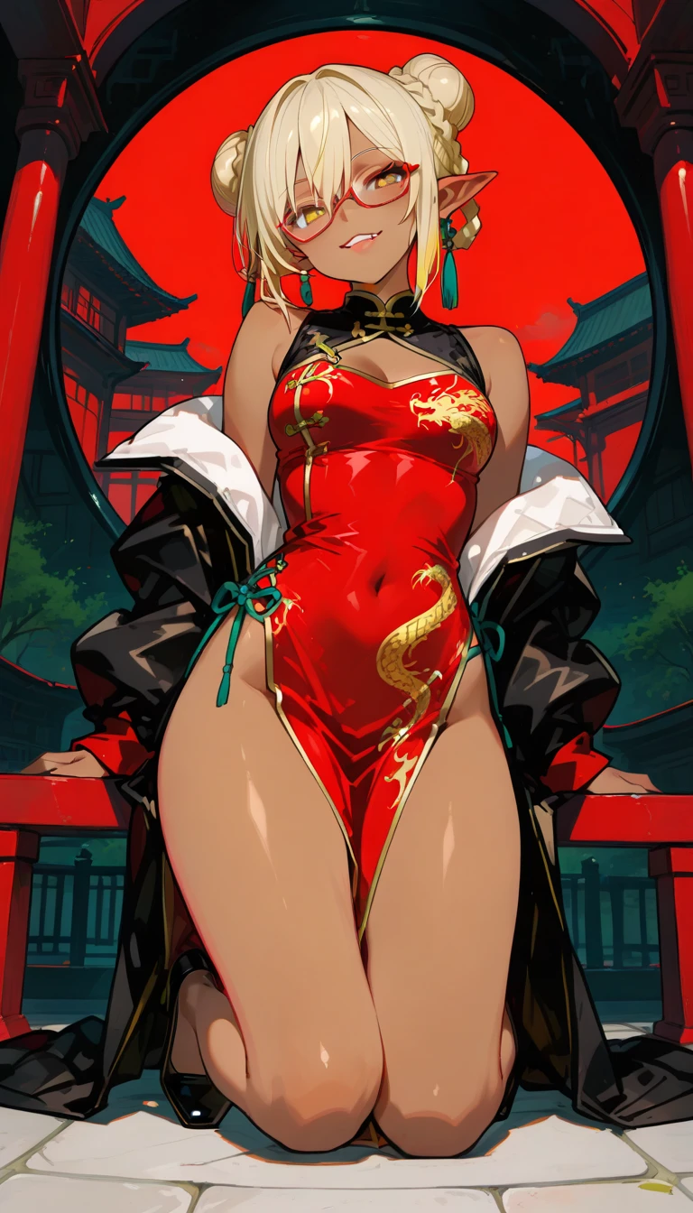 Impressive female portrait depicting a woman with long hair, Light blonde hair with lots of vibrant red highlights, cute, Very luxurious, Creates a unique two-tone effect, Long hair ponytail. Her big, Sharp, red, bloodshot eyes staring intensely, Lovely, Adds an unsettling yet seductive presence. Dressed formally, Her body is adorned with numerous intricate tattoos., Erect nipples,The face has a prominent moon design on it.. Full Body Shot, Cowboy Shot. Symmetrical female features and malevolence, A big smile conveys badness, Ominous attitude, In the Dark, Cityscape Background, With a mysterious dress, Gold ornaments,
