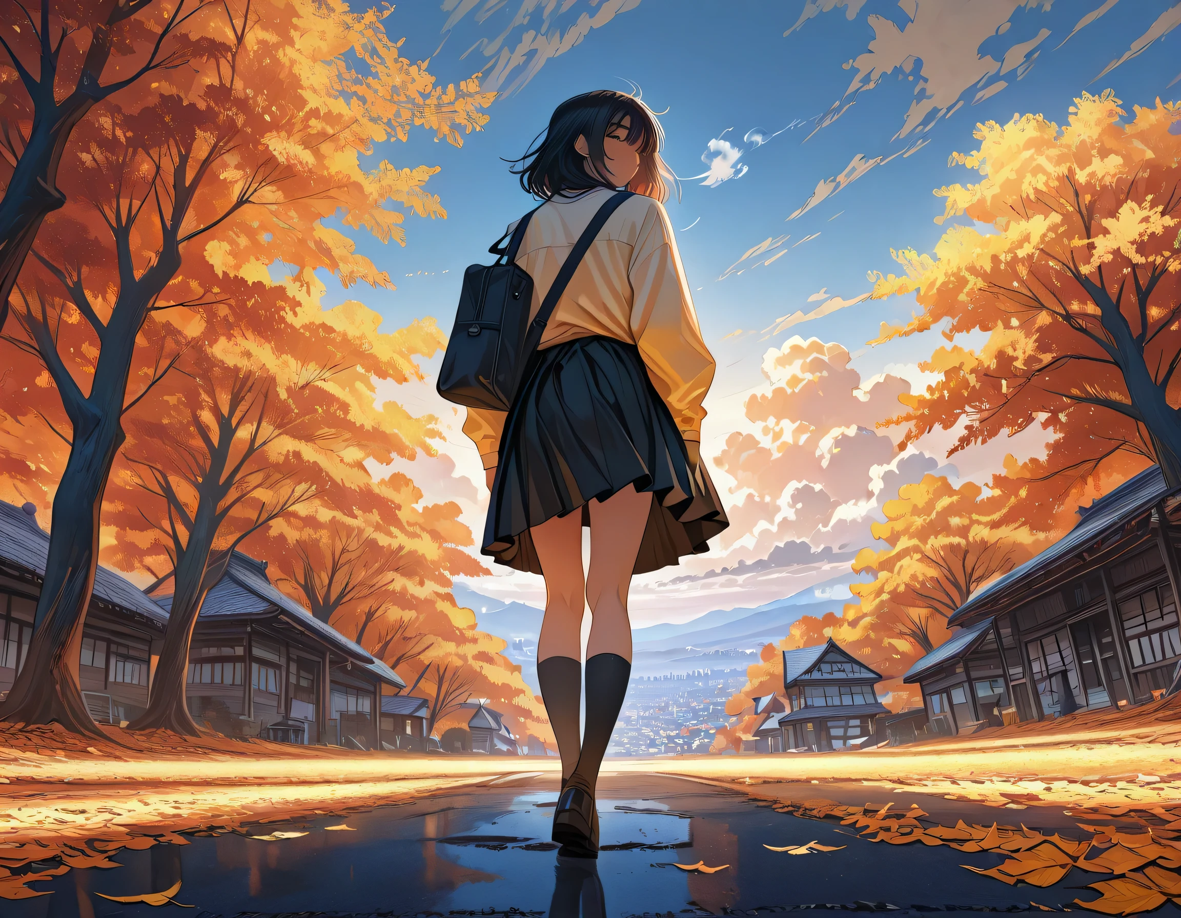 1girl, standing, landscape,Fall, high school uniform,(Sling bag),The road is full of dry leaves,Trees with brownish yellow leaves, breath taking, Low view, full body depiction,Bright colors,Late afternoon,Girl in white shirt, black skirt,(Jacket tied at the waist),Black high socks,Long black hair blowing in the wind,The sky is cloudy, masterpiece, Sharp focus, detailed, 8k, cinematic, cinematography,best Quality, High Detail, sparkling, Makoto shinkai art style,Peaceful atmosphere of Japanese city, village, looking at viewer,(The road is full of leaves), middle shot angle,back view, detailed face and eyes,