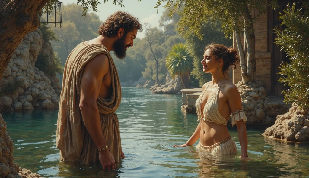in a greek party, fullbody, painted of full body of four peoples, foot on ground, a standing greek handsome man give an apple to a naked woman with flower, a woman with shield, a woman stand front of a Peacock, masculine, mature, muscular, hairy torso, fantasy, intricate, elegant, highly detailed, digital painting, artstation, concept art, smooth, sharp focus, illustration, art by gaston bussiere and alphonse mucha, looking each other.