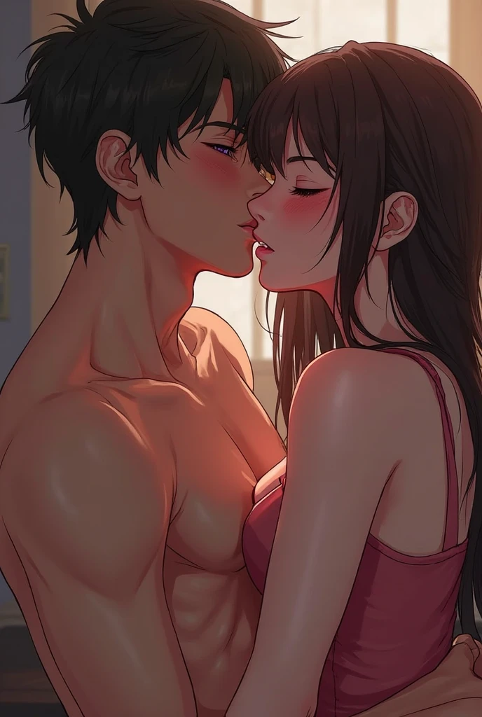 NSFW,Shirtless kissing woman in light white shirt unbuttoned、Sexy red lingerie underneath, intense scene, dark room, 1 lamp, warm lighting, very erotic, sweaty, greedy, Passionate, interpretation