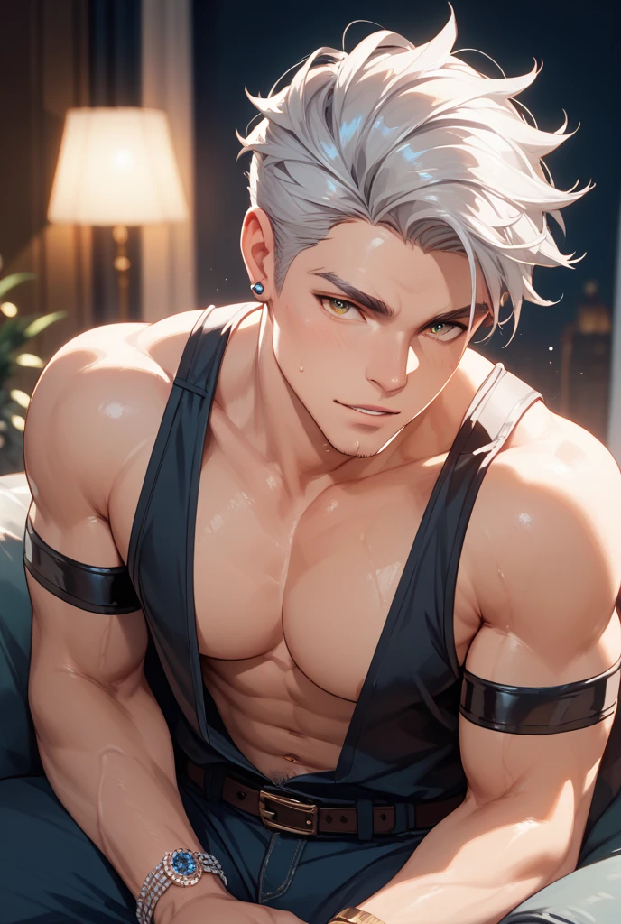 A young boy with white hair,fair skin,handsome,The triangle briefs are wet, so I took half of them off.,裸上半身Soaked in milk,Showing six-pack abs and chest muscles with water droplets on them,Soaked in milk,纖細長腿Soaked in milk,The bottom highlight is very large and dripping,Soaked in milk,Tilting their head back, they wore an expression of comfort.,Sticking out tongue,hands on the floor,covered in milk,There's milk on your face too,身上Soaked in milk,Complete character,To the light,The light shines on the abdominal muscles,Two people hugging each other's waist,The characters are smaller