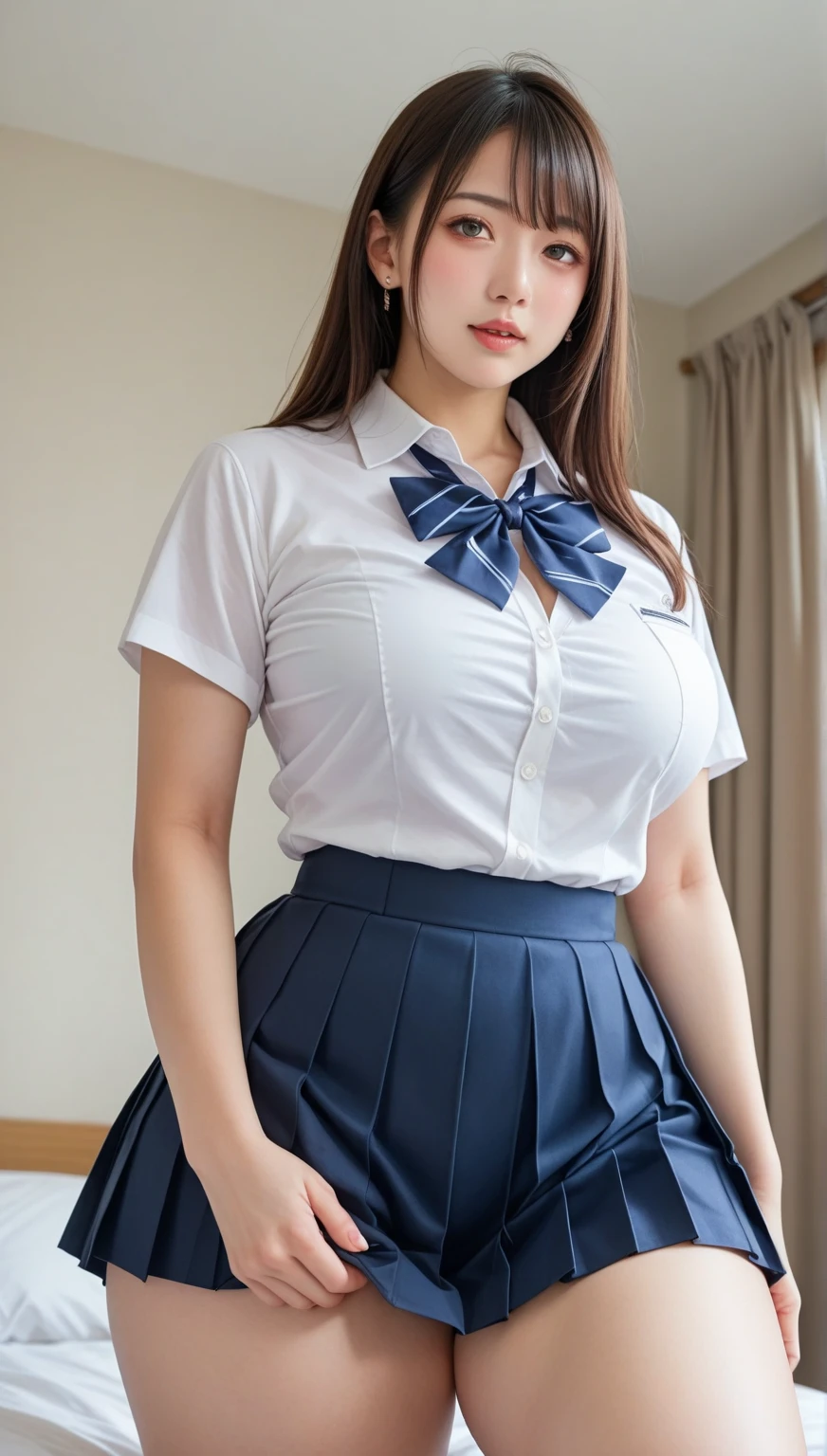 ulzzang -6500-v1.1, (Raw foto:1.2), (Photorealsitic:1.6), a beautiful detailed girl, extremely detailed eye and face, Beautiful and big eyes, of the highest quality, [​masterpiece:1.6], [JK school uniform], finely detail, (1girl in、17 age、Cute Japan high school girl、perfect body type:1.6)、[Unbutton all the buttons on the white school blouse、Japan schoolgirl uniform]、[huge-breasted、heavy breasts、J-Cup:1.9]、Sweat all over the body、[a bed:1.5]、Raise both hands、School uniform ribbon around neck、(School uniform skirt、White school uniform with all buttons open、bra very:1.4)、[Random sexy poses、twintails hairstyle、Twin-tailed、sexually arousing、Lustful look、no-makeup:1.9]、[Kamimei、Look at the camera、Dark tan、Lying on your back on the bed in the bedroom:1.9]