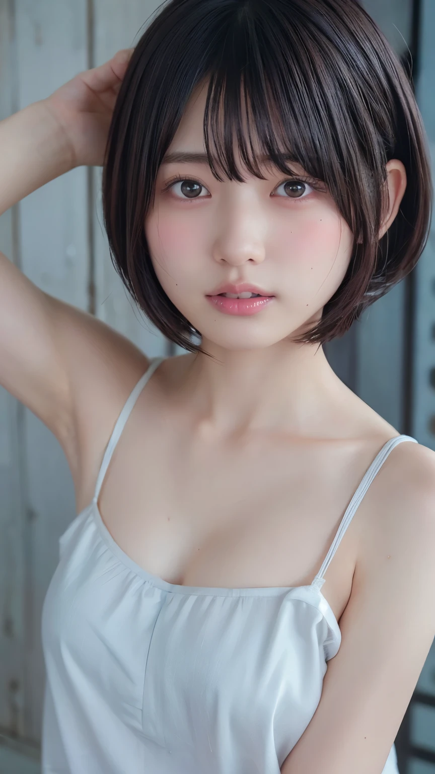 ( bob cut hair :1.2),( camisole:1.heer:1.4), 1 girl, Japanese ,21 years old,( small breasts:1.3),( top quality,masterpiece:1.3, super A high resolution,),( ultra detail , caustics ),( photorealistic:1.4,RAW shooting,) super realistic capture , very detailed, high resolution 16K close-up of human skin 。 Natural Skin Texture、,pores、 small 、 must be detailed enough to be easily identified。 skin must be uniform and healthy 。 Uses natural light and colors, shy expression , staring at the camera , perfect dynamic composition, flat chest、mole、((Under both armpits:1.2))、blush、sweat、発sweat、流れるsweat、 sit on the floor、 headdress、 wet、